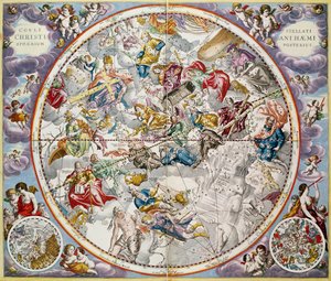 Mapa chrześcijańskich konstelacji według Juliusa Schillera z „Atlasu niebieskiego, czyli harmonii wszechświata” (Atlas coelestis seu harmonia macrocosmica) wyd. Joannes Janssonius, A